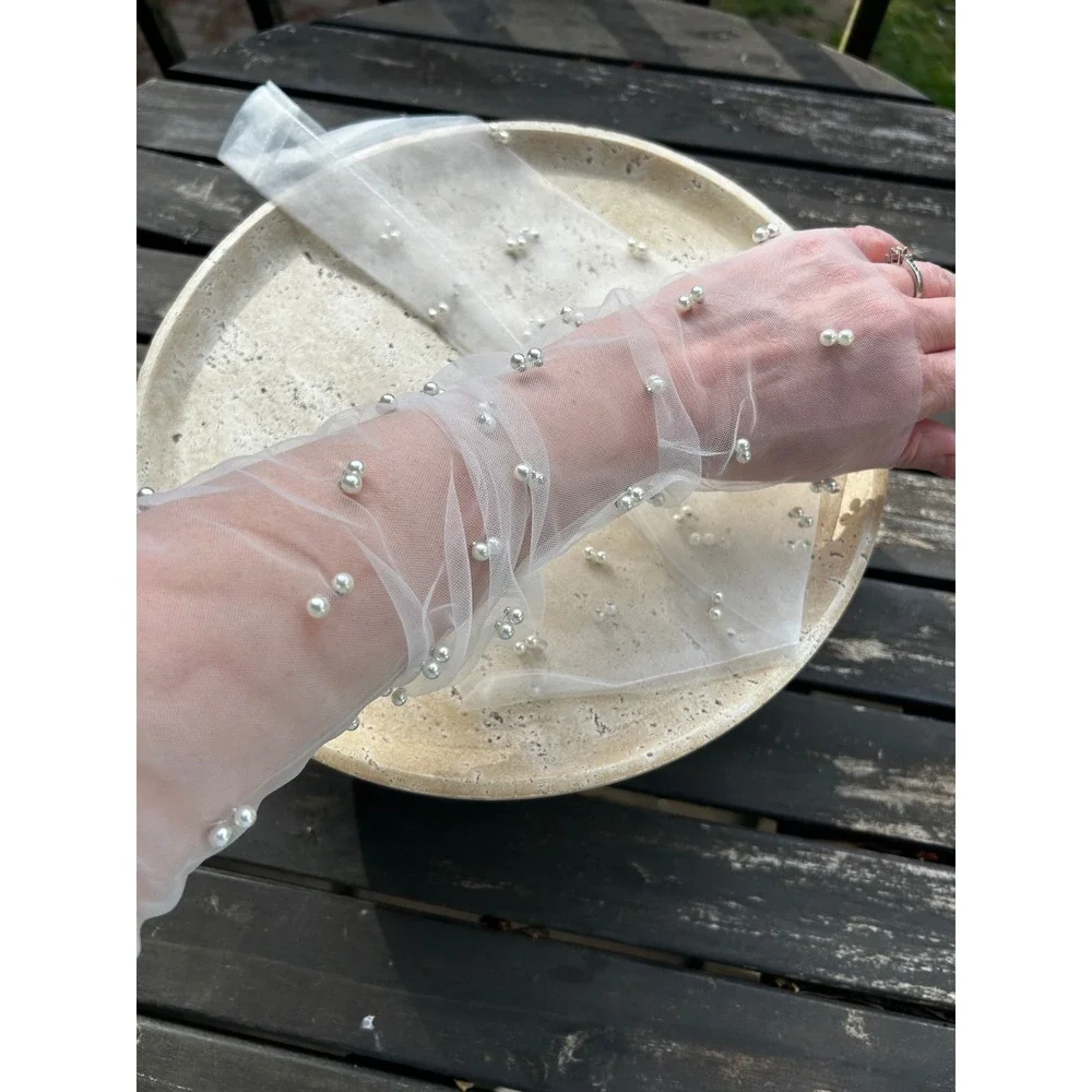 White Tulle Pearl Bridal Gloves Sheer Mesh Fingerless Opera Arm Warmers Wedding